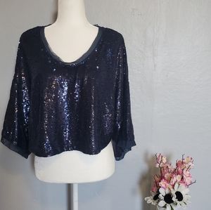 Free People - Navy Sequin Raw Hem Blouse